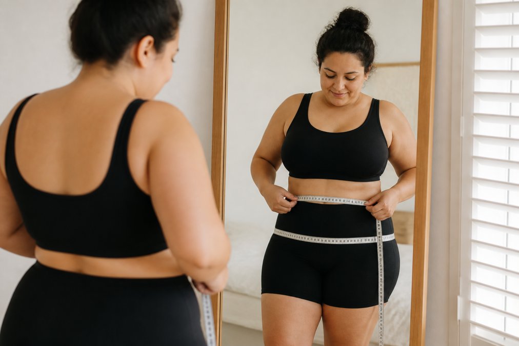 Woman measuring her waist and hips with a soft measuring tape, standing in front of a mirror in natural light, showing proper measurement technique