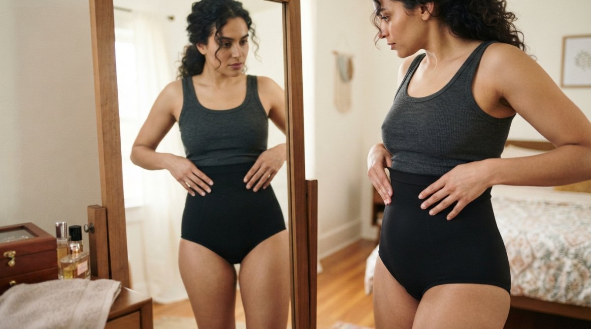 Woman adjusting shapewear at her waist while standing in front of a mirror, demonstrating proper fit and positioning with hands at the natural waistline