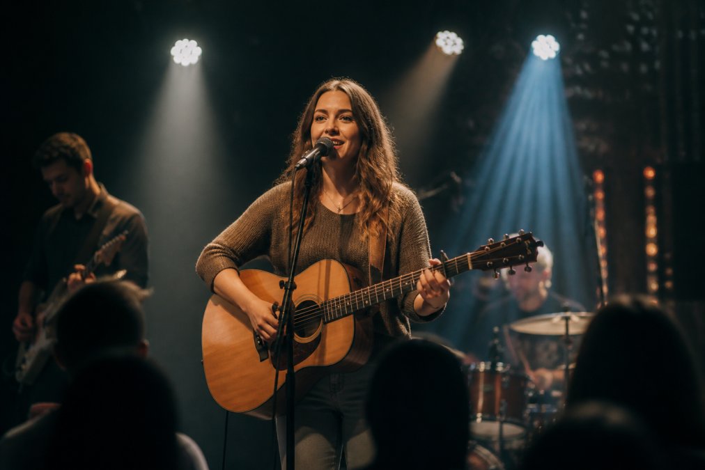 Professional musician performing on stage with confident posture and direct eye contact with audience, stage lighting in background, no tablet visible