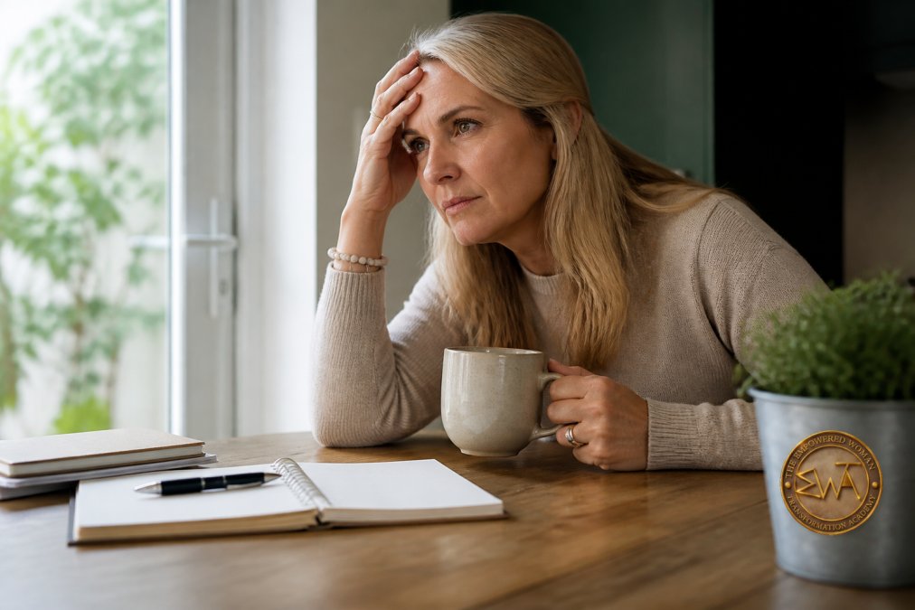 A woman sitting at a table on a Monday morning with a coffee, looking determined but slightly overwhelmed, with a journal and pen in front of her, natural morning light through a window