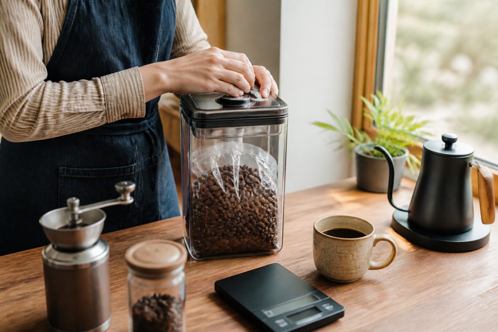 Person sealing whole coffee beans in a vacuum container on a kitchen counter near a mug and digital scale.