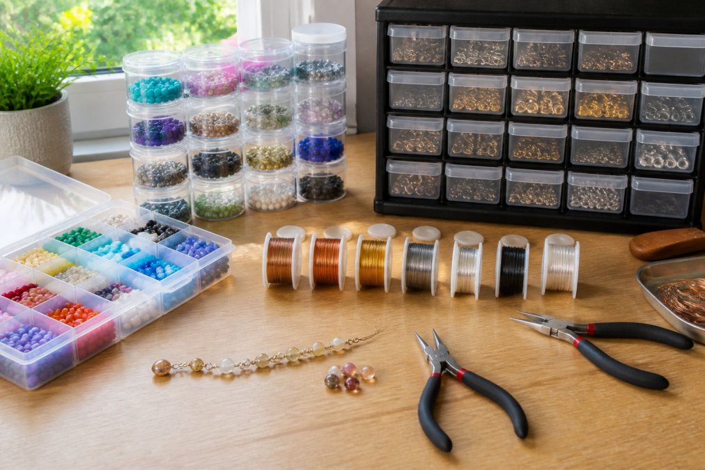 A well-lit craft desk with clear storage containers holding colorful beads, spools of wire organized by gauge, and a labeled drawer system for jewelry findings