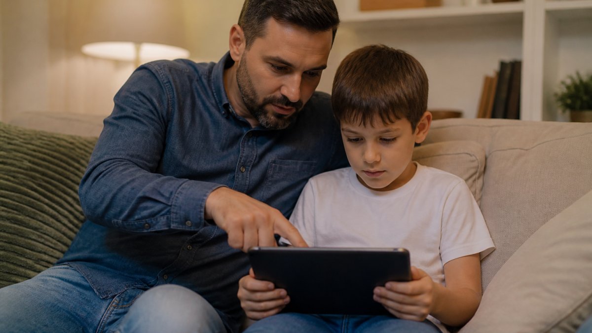 Parent and child sitting together on a couch, parent pointing at tablet screen showing YouTube app interface while child watches, parent appearing attentive and protective