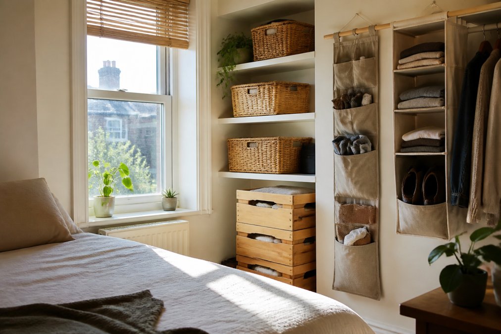 A compact bedroom with mixed storage solutions including wicker baskets on shelves, wooden crates stacked vertically, and fabric organisers neatly arranged on walls to maximise space with natural light streaming through a window