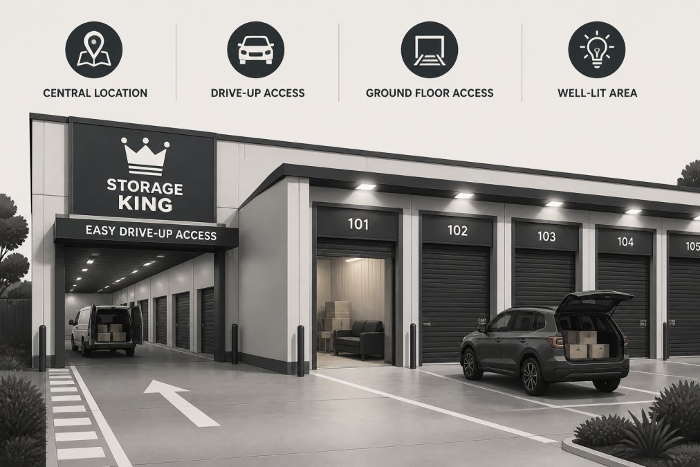 Wide-angle view of a clean, well-lit storage facility entrance with multiple unit doors, clear drive-up loading area with painted markings, and professional signage