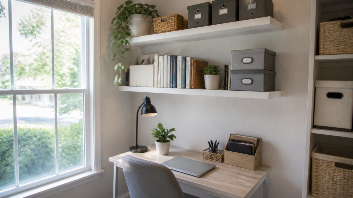 A small home office corner with white floating shelves mounted on the wall, holding books, small storage bins, and a potted plant. A compact desk with a laptop sits below, and the space looks tidy and well-lit by natural window light.