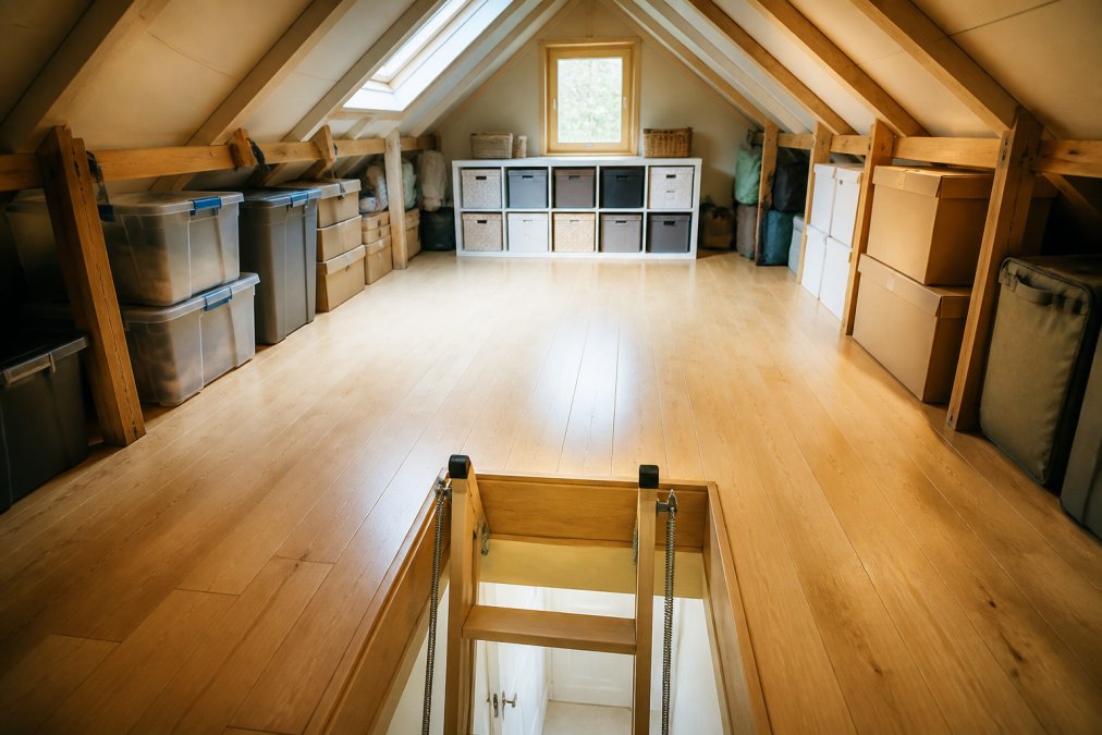 Bright, organised attic space with wooden flooring, neatly stacked storage boxes, safe ladder access, and natural light streaming through a window