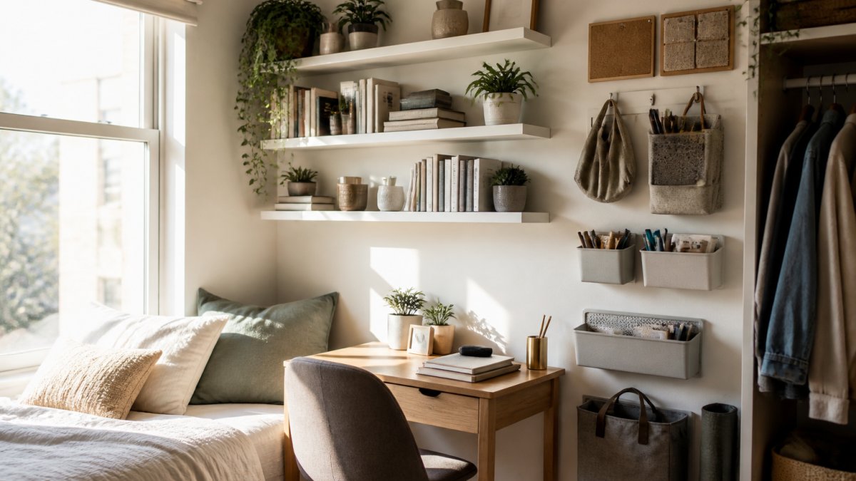 Bright, compact bedroom with floating shelves displaying books, plants, and decorative items above a small desk, wall-mounted organisers holding office supplies and accessories, natural light streaming through window