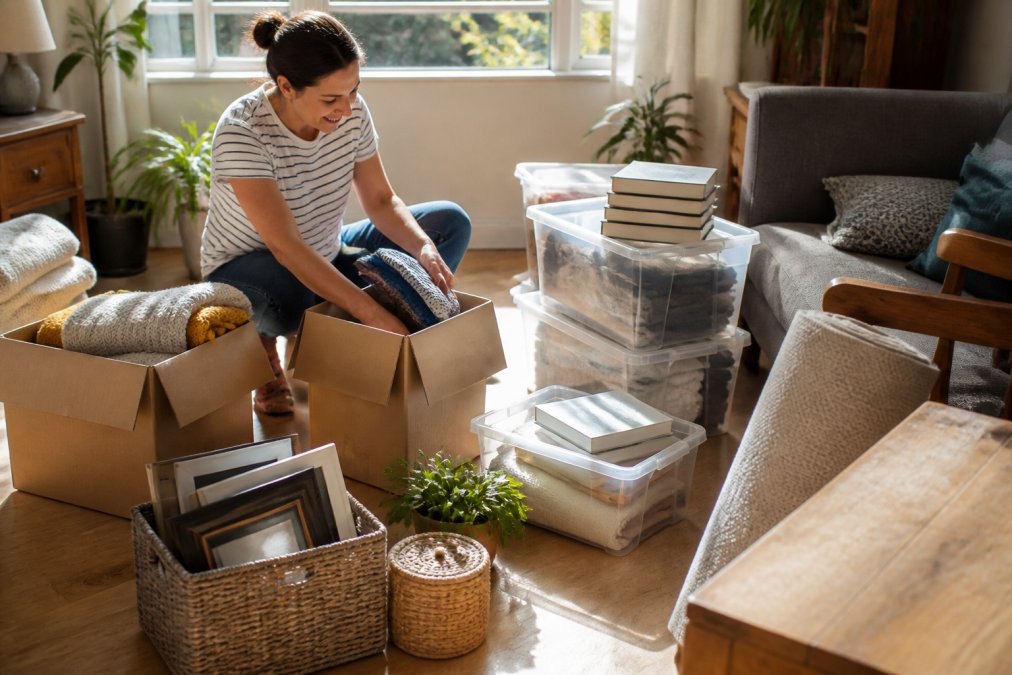 Homeowner sorting household items into cardboard boxes and storage containers in a bright living room, with organised piles of clothing, books, and furniture visible, natural afternoon light streaming through windows