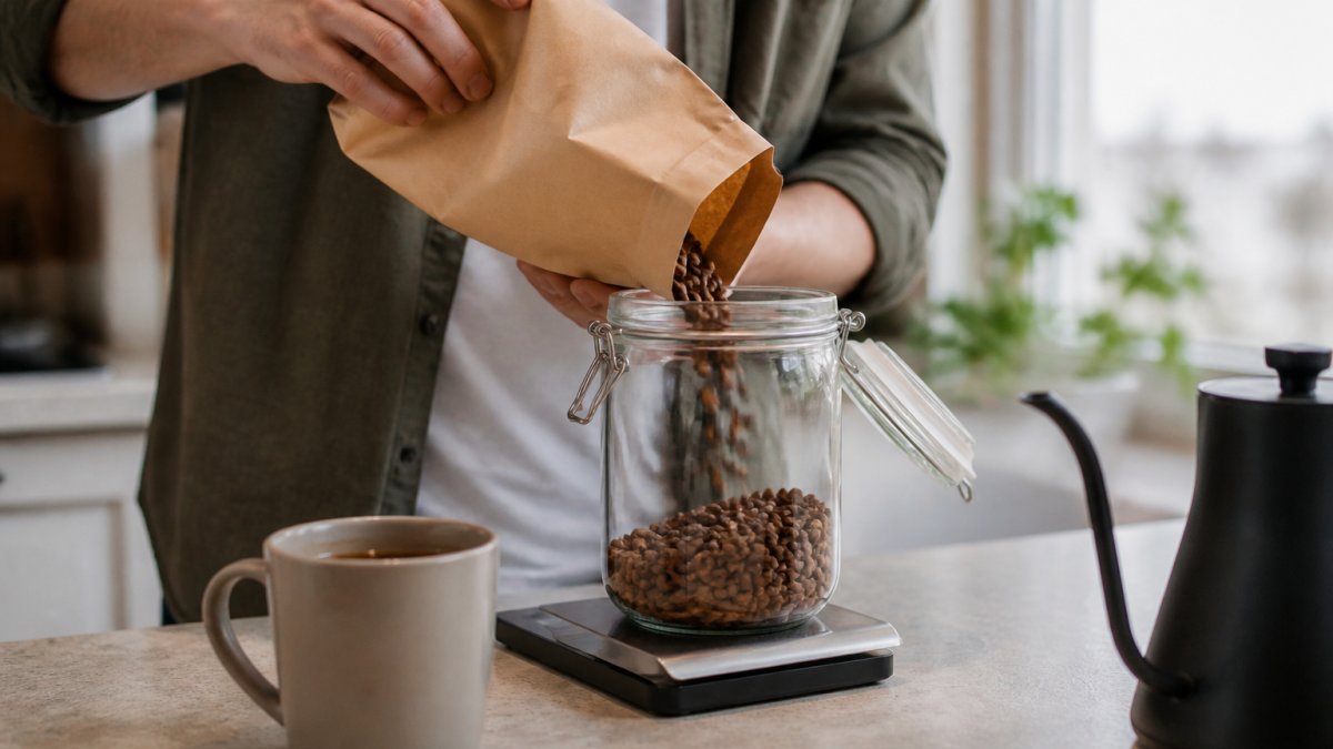 A person's hands pouring whole coffee beans from a kraft bag into a clear airtight glass jar on a kitchen counter, with a digital scale and a mug of coffee nearby, soft natural morning light