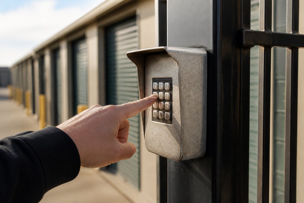 Close-up of a weathered metal keypad mounted on a storage facility gate post with a hand entering a security code, afternoon sunlight casting shadows across the device