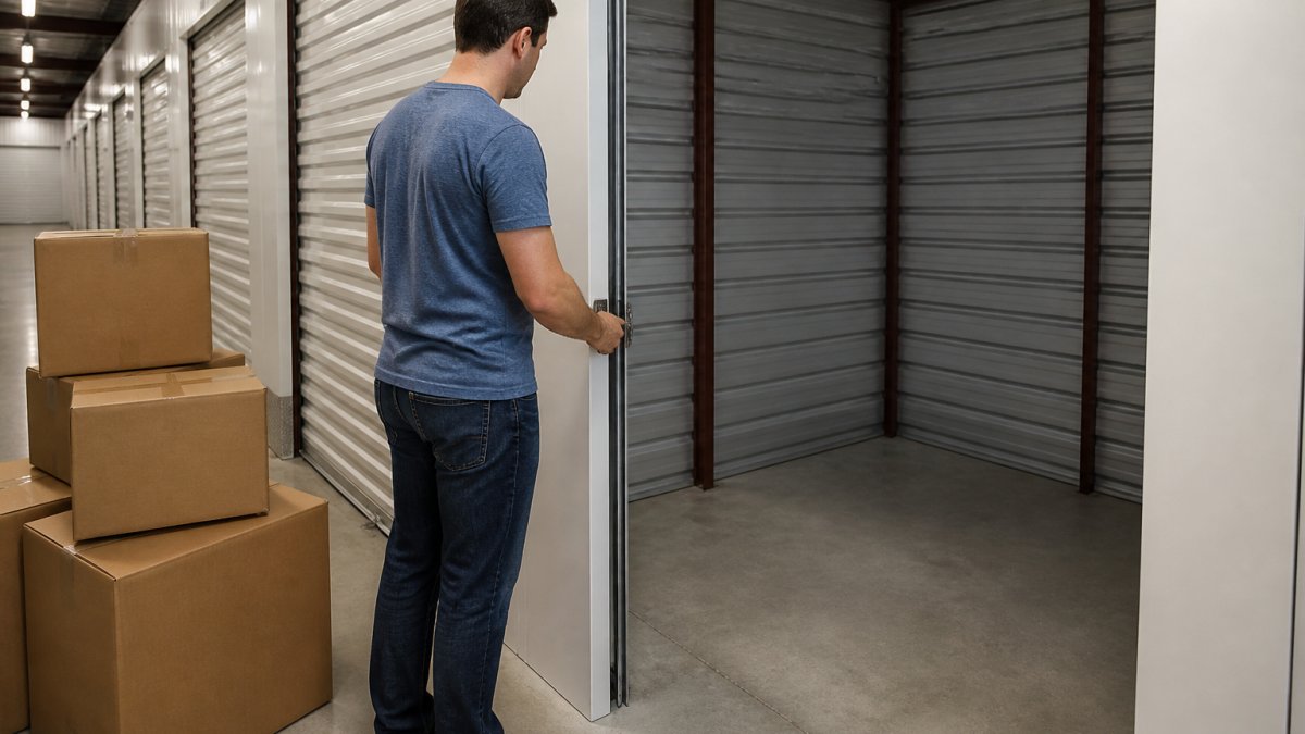 A person unlocking a clean, well-lit self-storage unit and looking inside at empty floor space, with moving boxes stacked nearby in a hallway