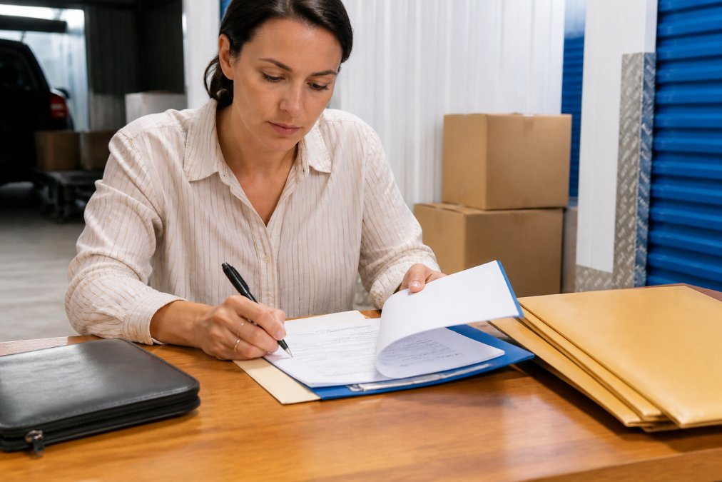 Person reviewing a rental agreement document at a desk with pen and folder, preparing to sign the contract with proper lighting