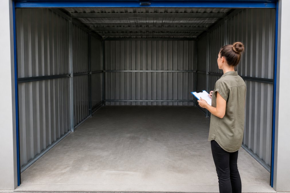 Customer inspecting a clean, well-lit storage unit with open door, checking walls, floor, and ceiling condition with clipboard