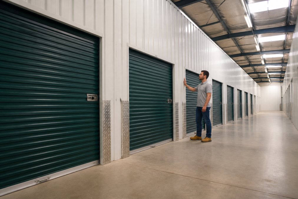 Wide-angle shot of a climate-controlled storage facility showing multiple storage unit doors of varying sizes, with a person standing next to a medium unit for scale, natural daylight streaming through skylights