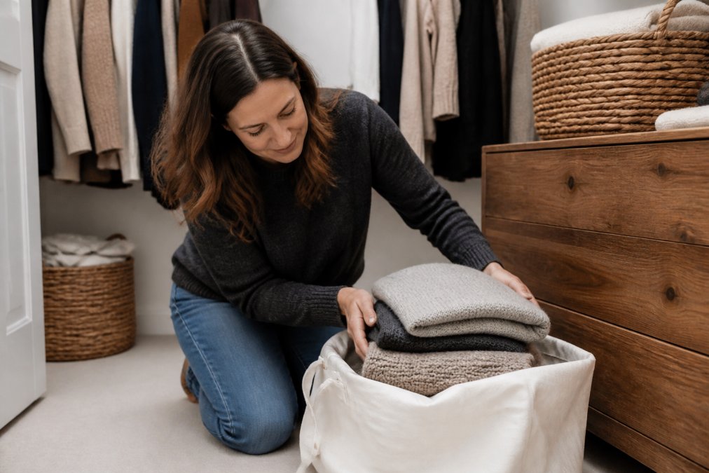 Neatly folded alpaca wool sweaters in a breathable cloth bag to store alpaca wool summer items safely.