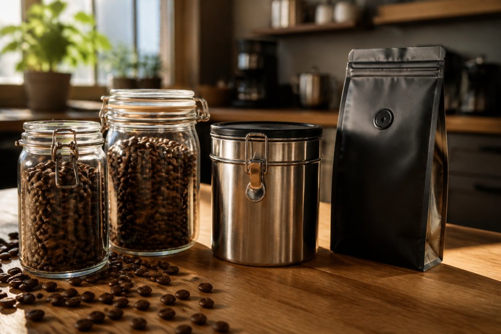 Close-up of various coffee storage containers including airtight glass jars with rubber seals, stainless steel canisters with locking lids, and Mylar bags with one-way aroma protection valves, arranged on a kitchen counter with whole coffee beans scattered nearby and morning sunlight filtering through
