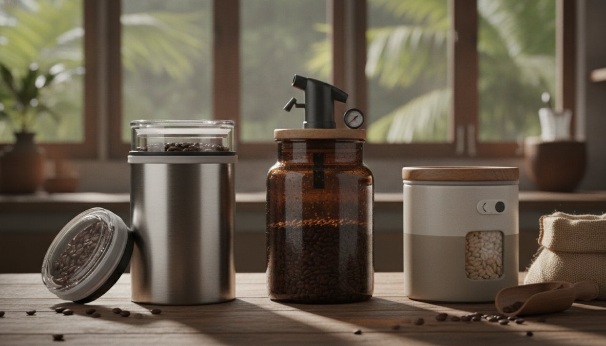 Close-up of various coffee storage containers arranged on a kitchen counter, a glass jar with rubber gasket seal, a stainless steel canister with snap-lock lid, and a vacuum-sealed bag, with coffee beans visible inside each container and humidity visible as condensation on the glass jar
