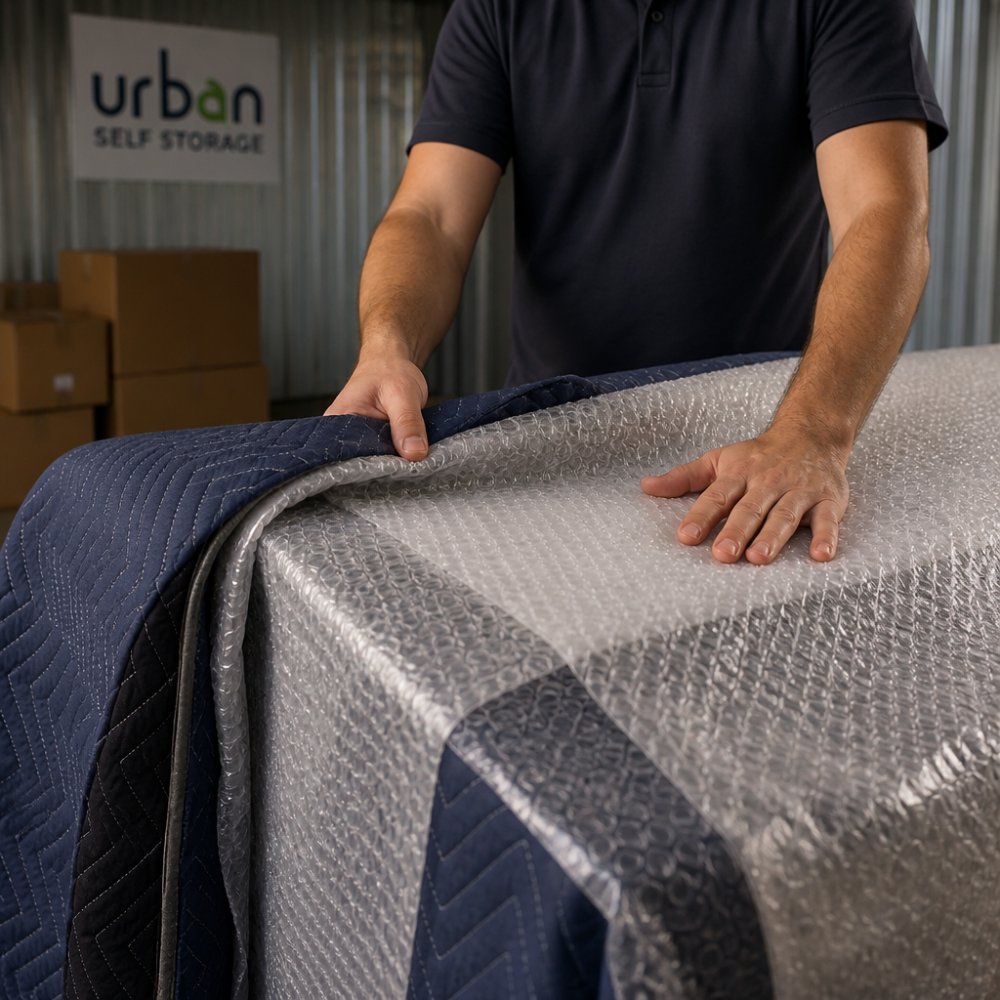 Close-up of furniture being wrapped with moving blankets and bubble wrap, showing protective layering and careful technique with hands securing materials