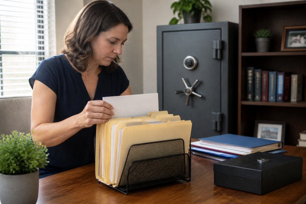 Home office desk with organized document folders, a fireproof safe in the background, and a person carefully placing important papers into labeled file folders