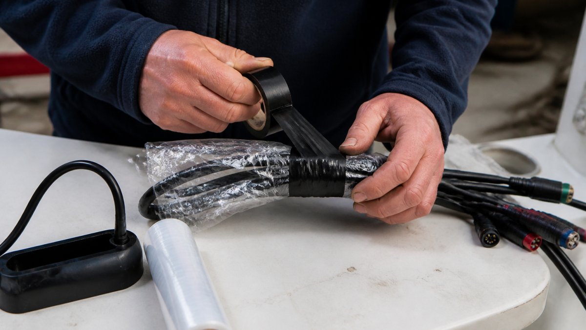 Close-up of hands wrapping marine GPS display and transducer cables with protective plastic wrap and electrical tape on a boat workbench