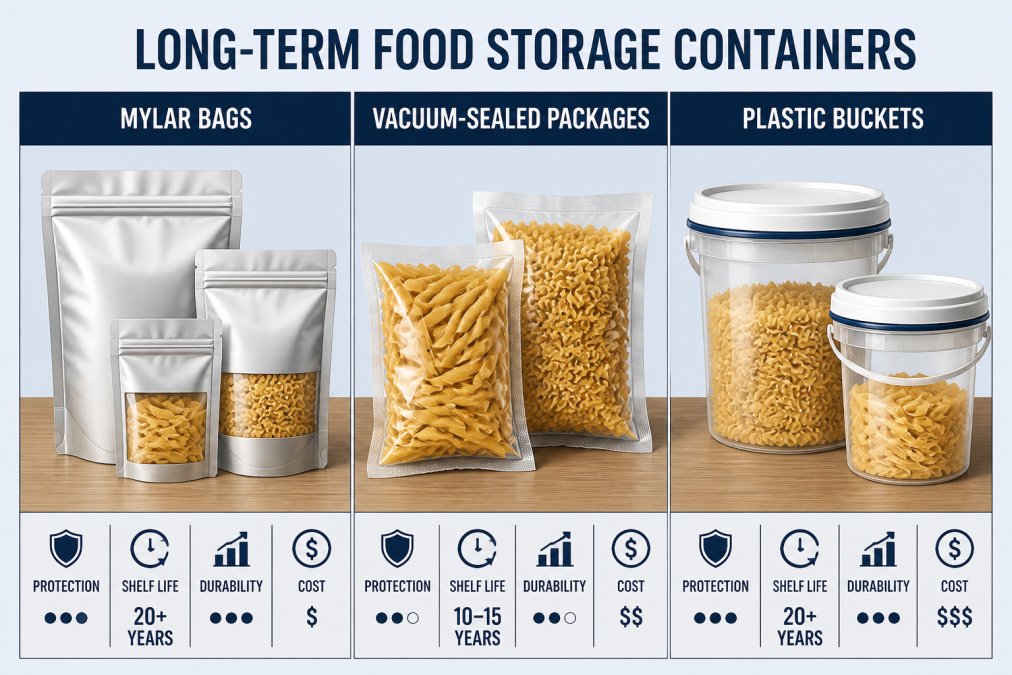 Close-up of various food-grade storage containers including Mylar bags, vacuum-sealed packages, and clear plastic buckets arranged on a wooden surface with dried pasta visible inside some containers, showing different long-term storage methods side by side