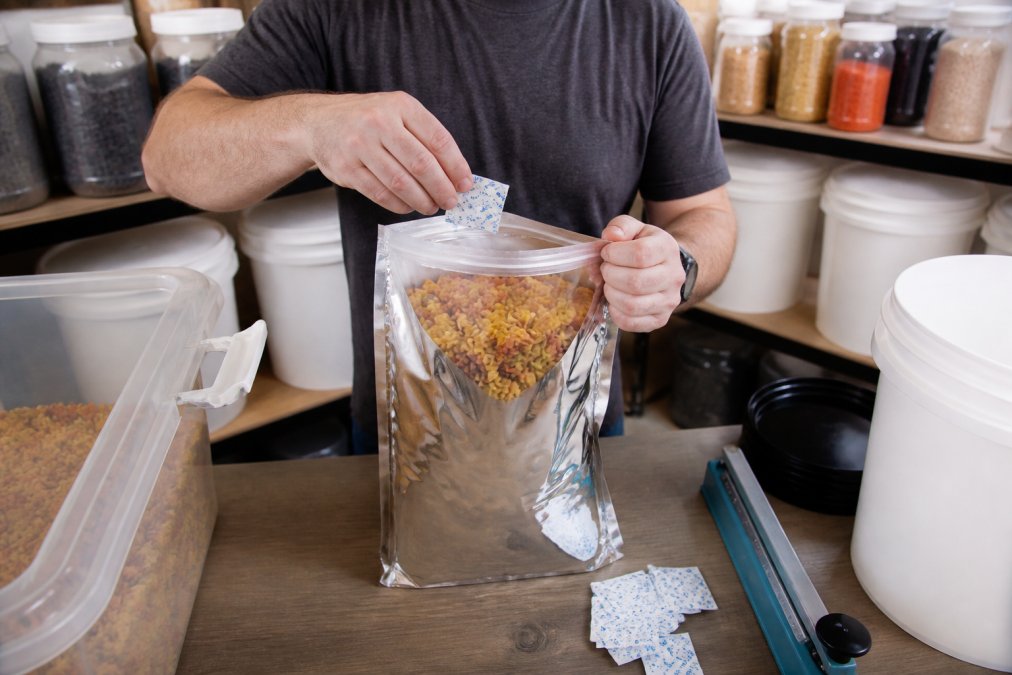 Hands placing oxygen absorber packets into a Mylar bag filled with dried pasta, with sealed containers, labels, and storage buckets visible in the background of a home storage area