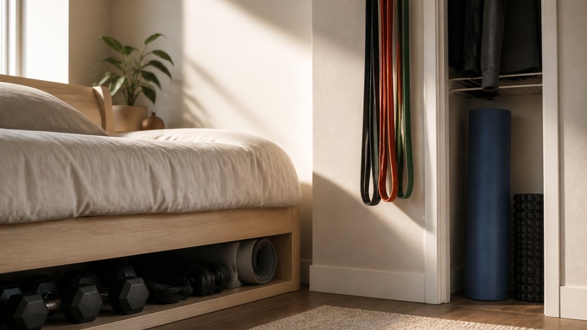 Compact apartment bedroom showing neatly organized workout equipment stored under the bed with dumbbells visible, yoga mat rolled in a corner closet, and resistance bands hanging on a wall hook with natural morning light