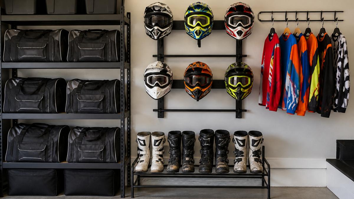 Well-organized garage storage area with labeled gear bags on shelves, motocross helmets displayed on wall-mounted helmet rack, boots arranged on boot rack, and colorful jerseys hung on wall hooks, showing complete youth motocross equipment setup for multiple riders