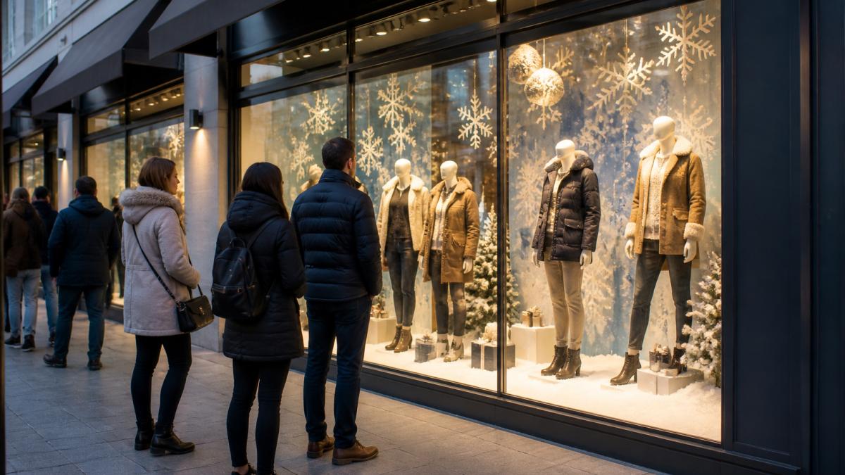 Pedestrians stop to view a vibrant seasonal retail display, showing how storefront window branding cost drives engagement.