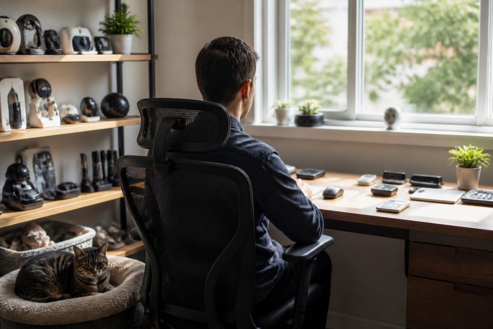 Professional working at home office desk with dual monitors, a cat nearby on a comfortable pet bed, with pet grooming tools and tech gadgets visible on shelves, natural window lighting