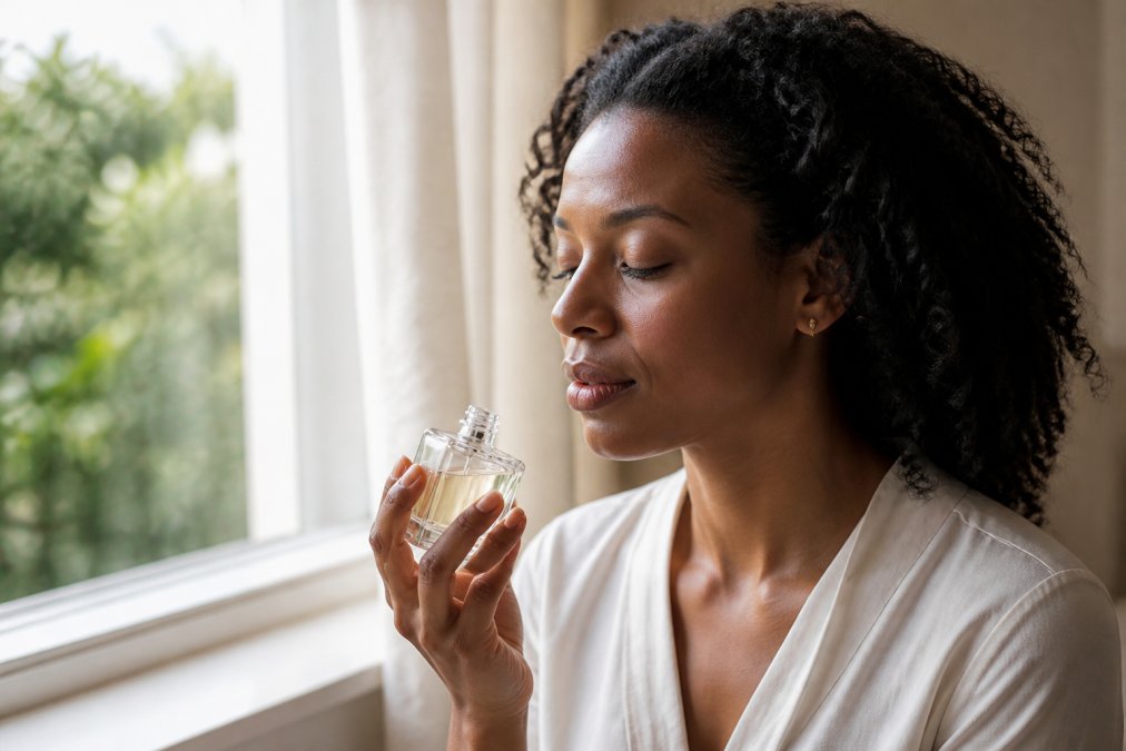 Person holding an open fragrance bottle with eyes closed, experiencing the scent with a thoughtful, reflective expression in soft natural light near a window