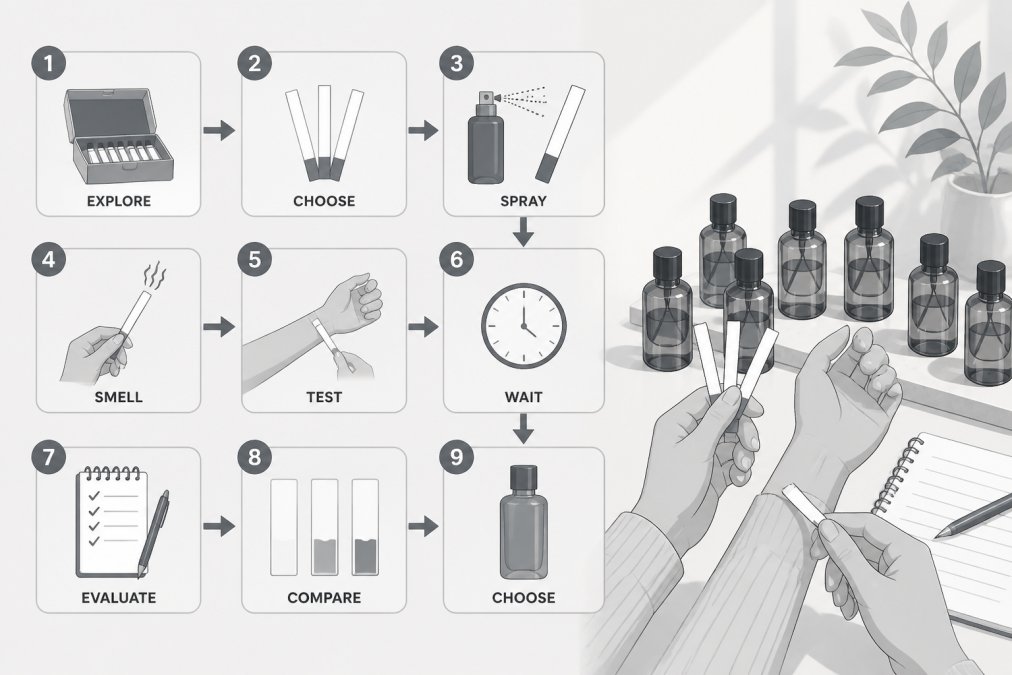Hands testing fragrance samples on wrist paper strips, multiple amber bottles arranged on a surface, showing the exploration and comparison process in natural daylight