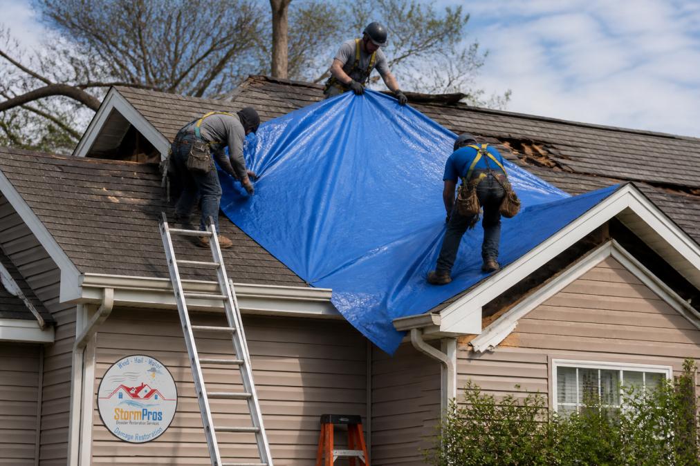 Roofing crew installing a blue tarp on a damaged suburban home for storm damage repair stabilization.
