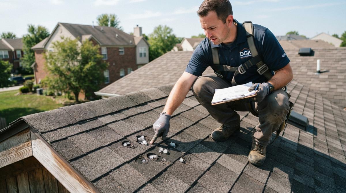 Professional roofing inspector examining roof shingles up close, pointing to visible hail damage dents and granule loss on asphalt shingles in bright daylight, with residential home visible in background