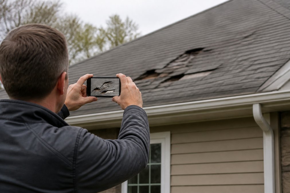 Homeowner photographing roof damage with smartphone camera while standing safely on ground level, with visible missing shingles and damaged areas framed in the phone screen