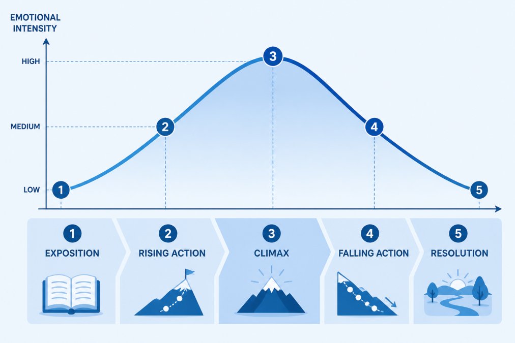 Five-stage narrative arc diagram showing exposition, rising action, climax, falling action, and resolution with emotional intensity curve rising toward climax