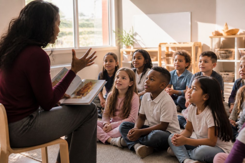 Teacher reading aloud to elementary students sitting on floor with expressive gestures, children leaning forward with focused attention in bright classroom with natural light