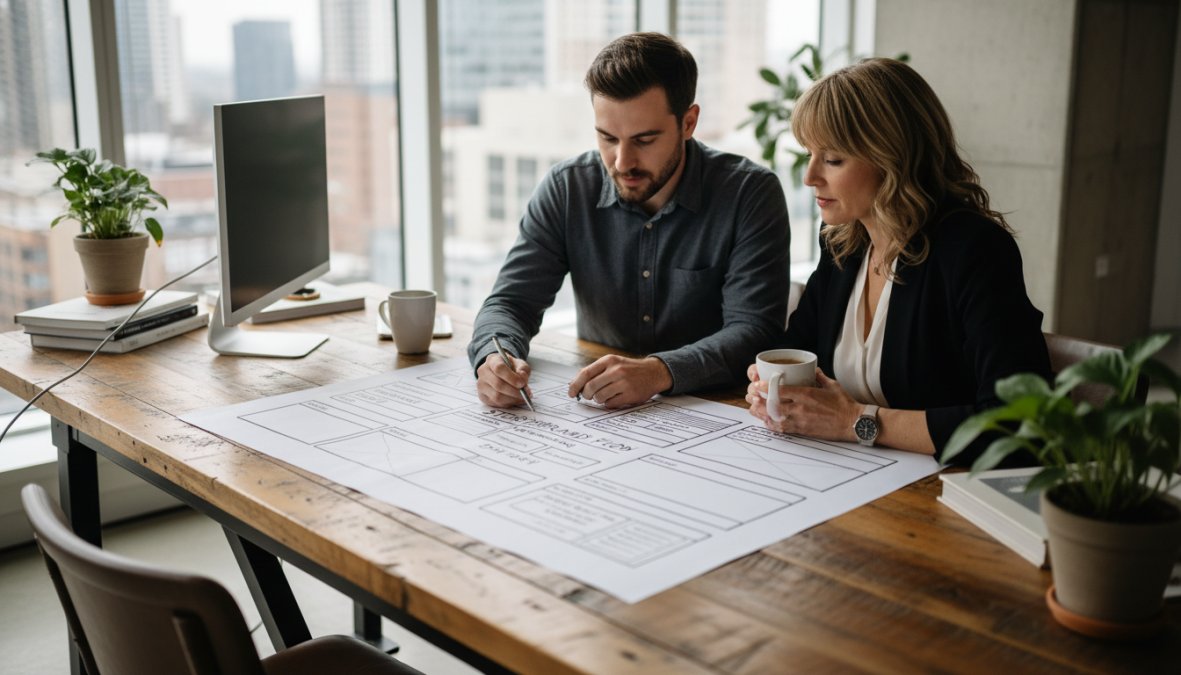 A designer and a business owner sitting side by side at a wide wooden desk, reviewing a website wireframe on a large monitor in a bright modern office with floor-to-ceiling windows and natural daylight