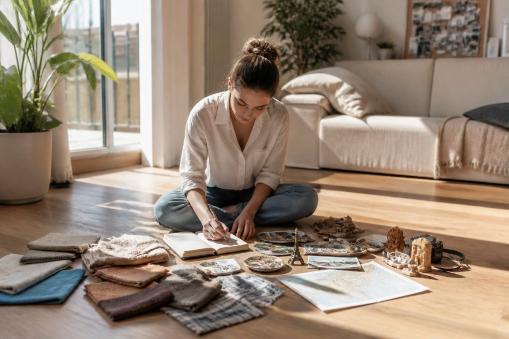 A young woman sitting on a living room floor surrounded by travel souvenirs, fabric swatches, and an open notebook, writing notes in a bright sunlit apartment