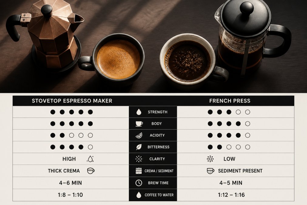 Infographic comparing stovetop espresso maker vs french press taste difference using side-by-side coffee samples.