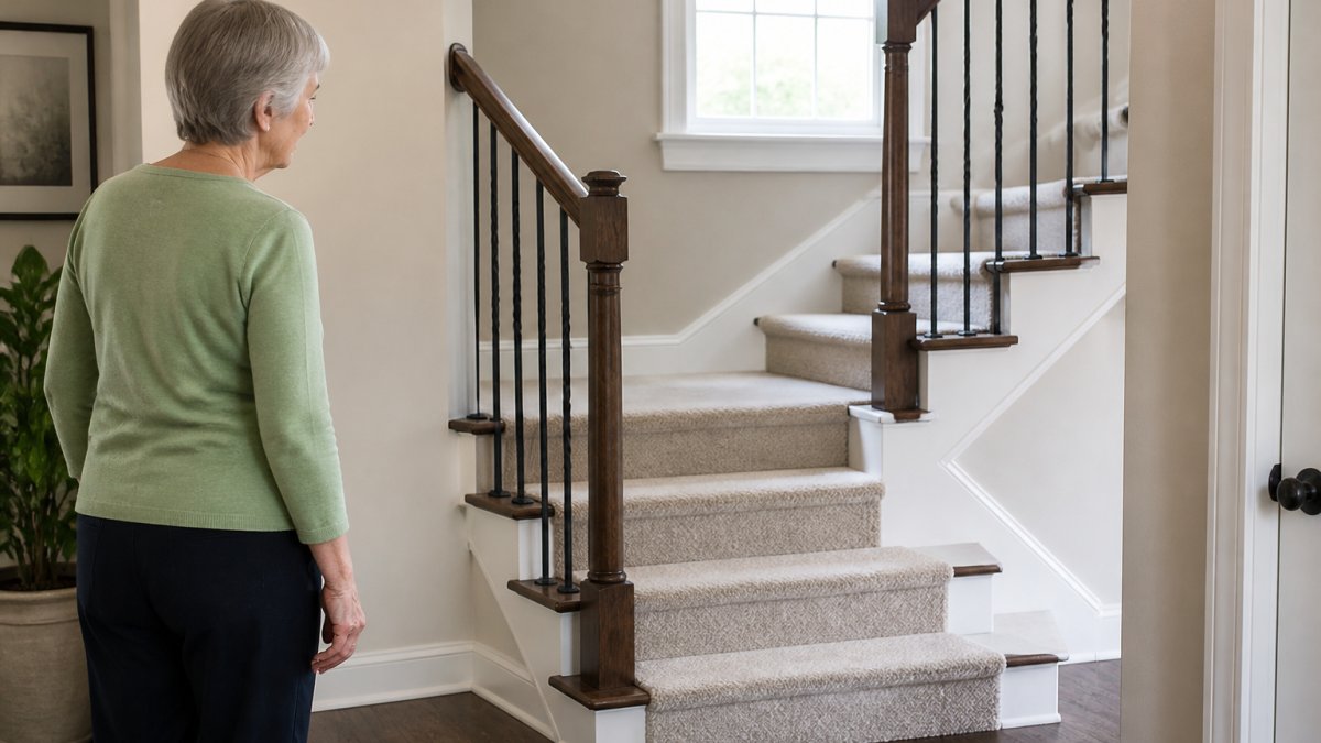 Homeowner standing at the base of a residential staircase with a visible turn at the landing, showing the change in staircase direction with natural light from a window