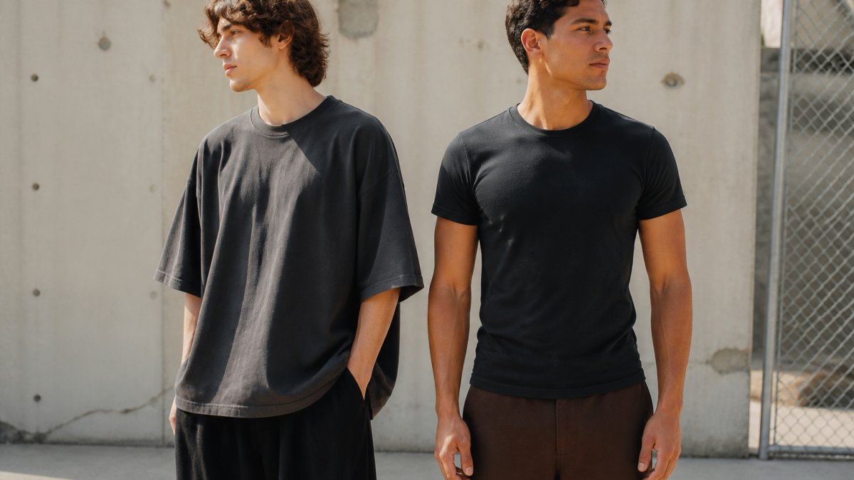 Two people in daylight wearing an oversized graphic tee and a fitted shirt to compare garment silhouettes.