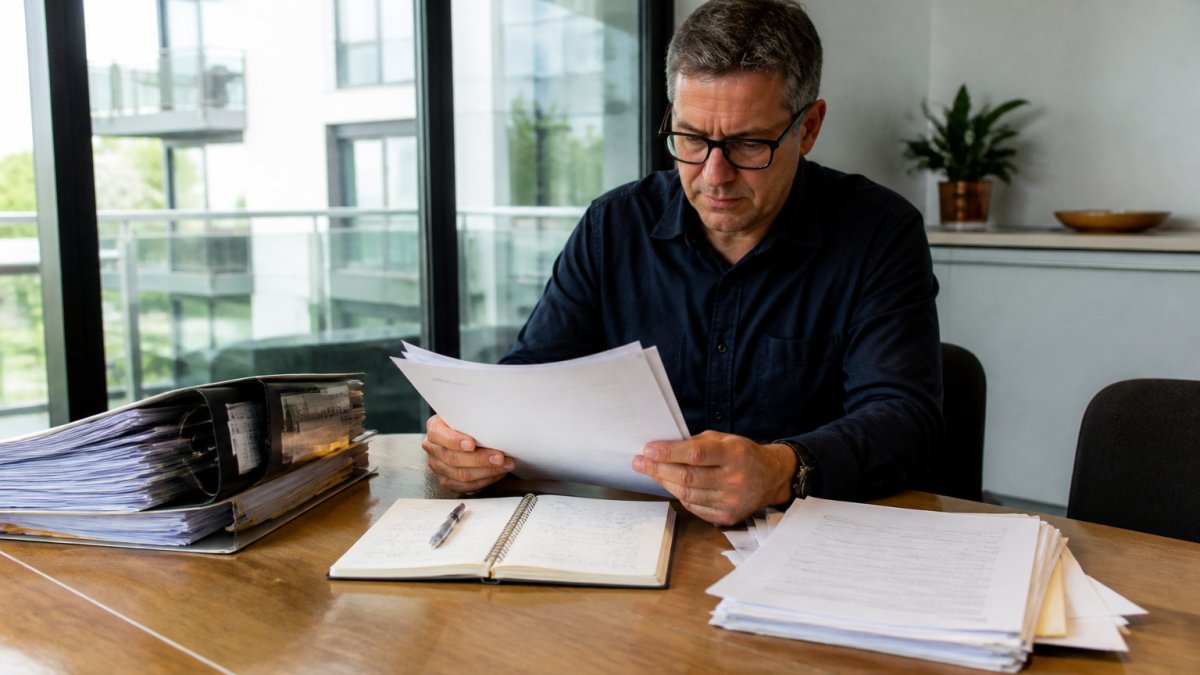 A strata committee member reviewing official documents at a table with a laptop and notepad in a bright meeting room