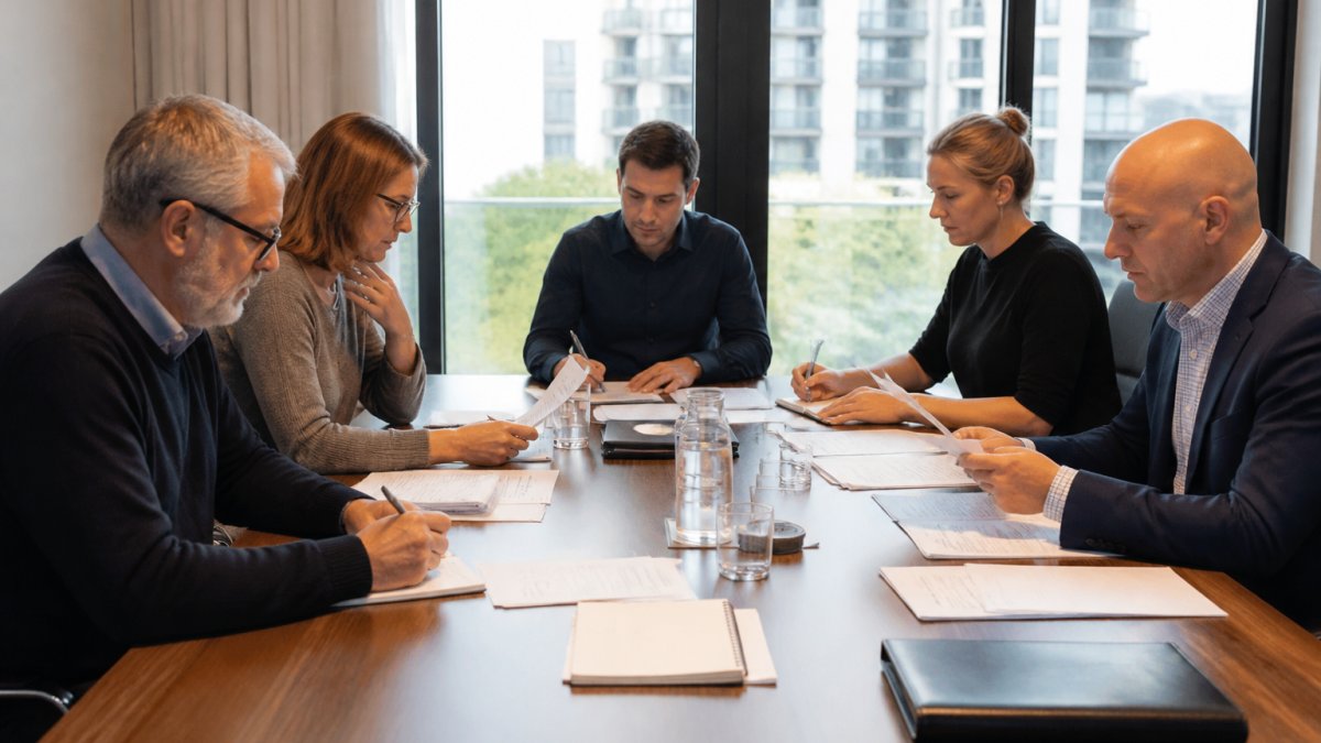 Professional committee members seated around a polished conference table reviewing documents and taking detailed notes during a formal governance meeting in a modern office setting with natural light from windows