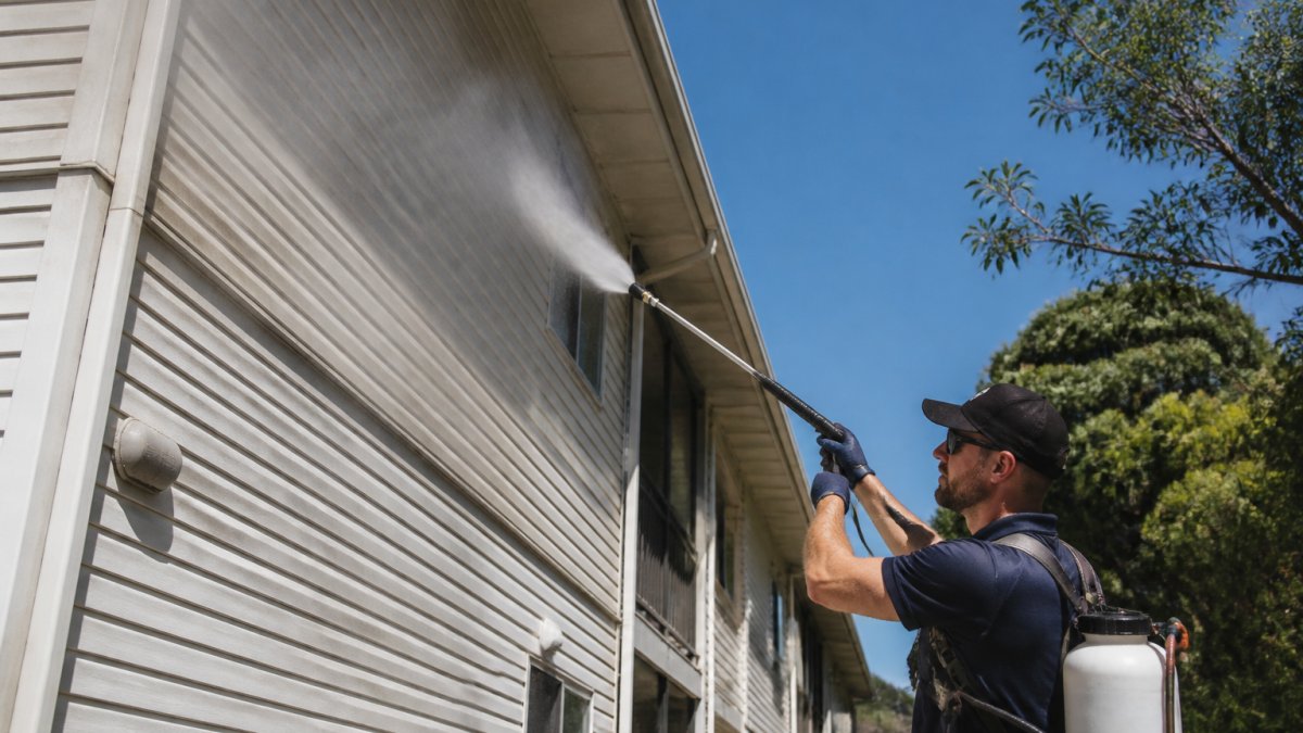 Professional trade-licensed technician using soft washing equipment on delicate vinyl cladding of a multi-storey residential building, with mist and biodegradable cleaning solution visible, showcasing careful technique on a sunny day