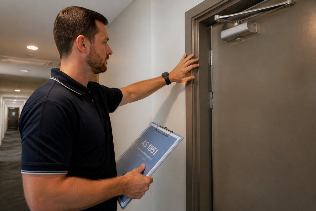 Strata manager or property professional conducting fire door inspection in residential building corridor, examining door seals and hinges with clipboard and AS 1851 standard reference document visible