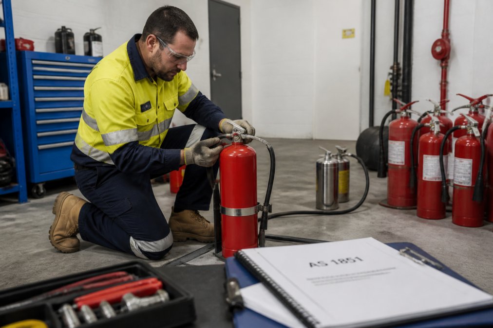 Qualified fire safety technician in high-visibility gear testing fire extinguisher in commercial building, with certification documents and AS 1851 standard visible on clipboard nearby, professional workshop setting