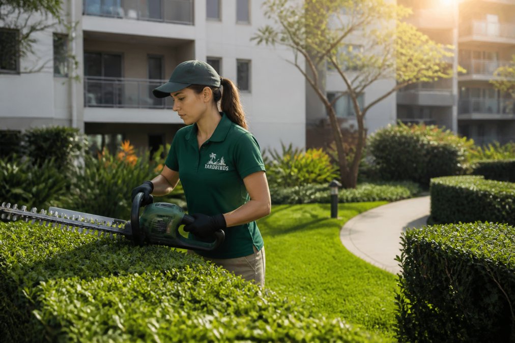 A gardener using an electric hedge trimmer on a neatly maintained shrub in the communal garden of a residential building, soft morning light, tidy lawn and path in the background
