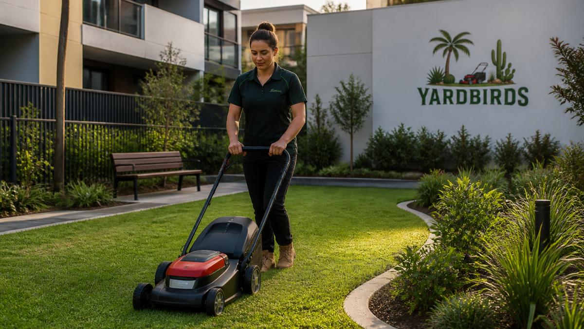 Professional gardener using electric lawn mower on manicured grass in apartment complex courtyard with well-maintained garden beds visible in background, early morning natural light